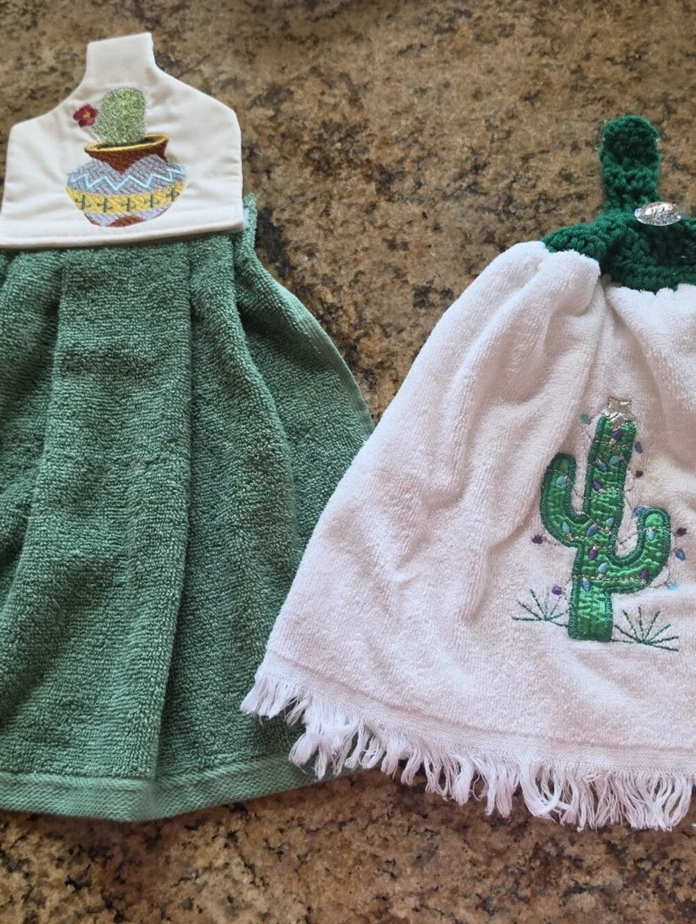 Green and White Kitchen Hanging Hand Towels with Cactus Embroidery